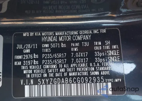 2012 Hyundai Santa Fe Gls from USA, damaged, VIN 5XYZGDAB6CG092935